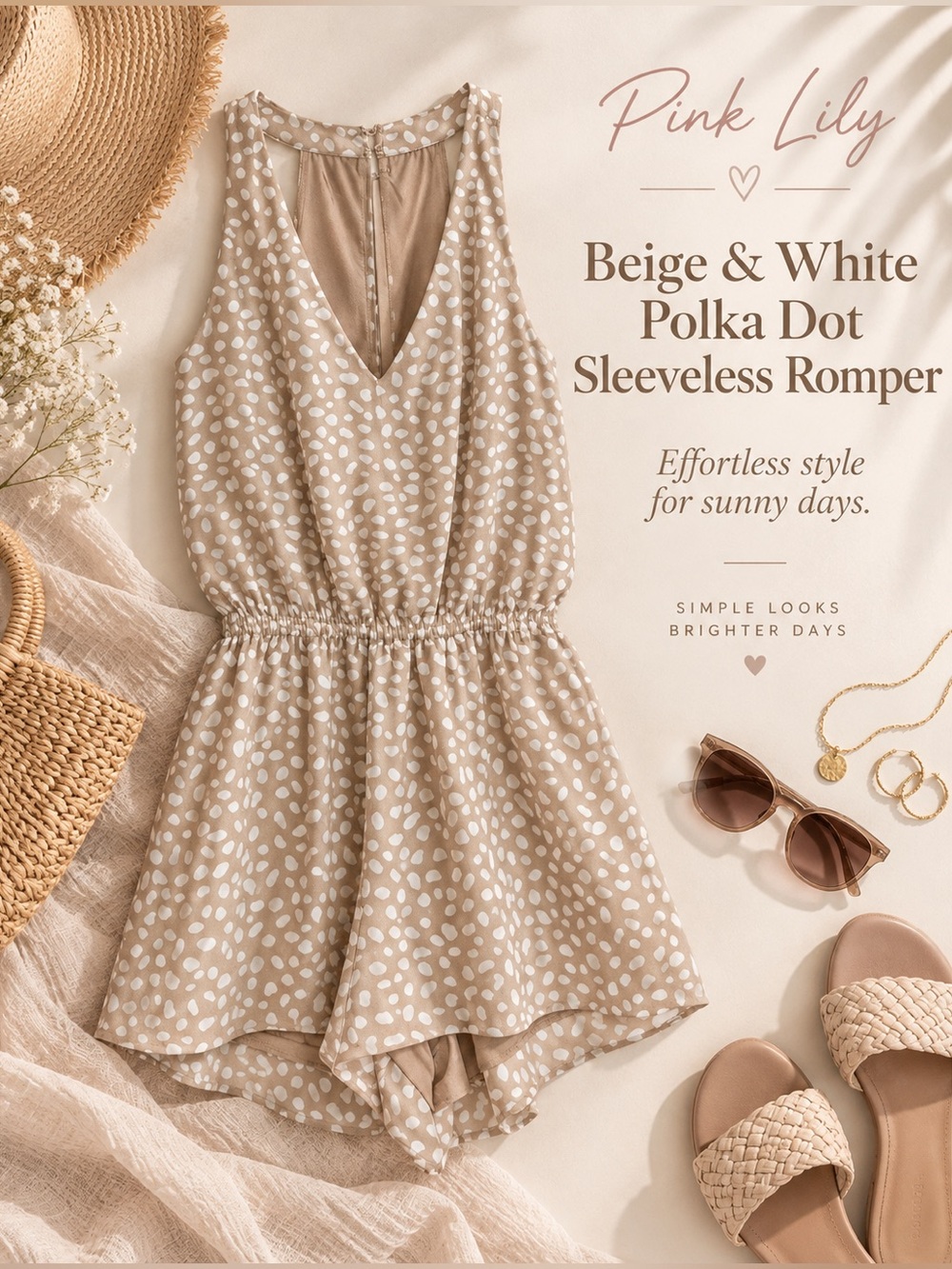 Pink Lily Beige and White Polka Dot V-Neck Sleeveless Romper